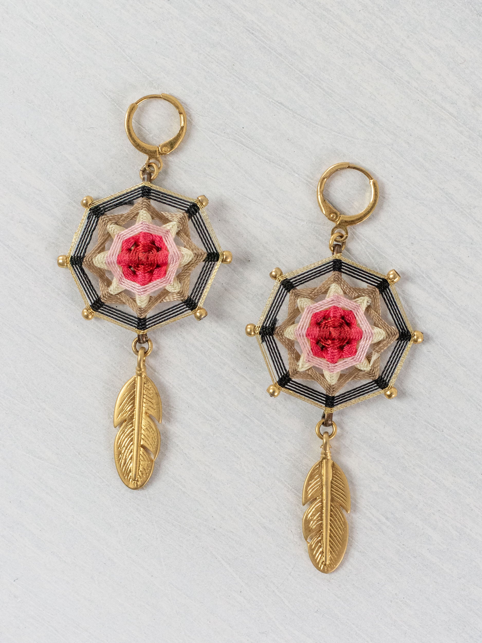 Small octagonal mandala earrings with feathers