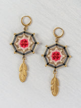 Small octagonal mandala earrings with feathers