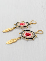 Small octagonal mandala earrings with feathers