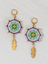 Small octagonal mandala earrings with feathers