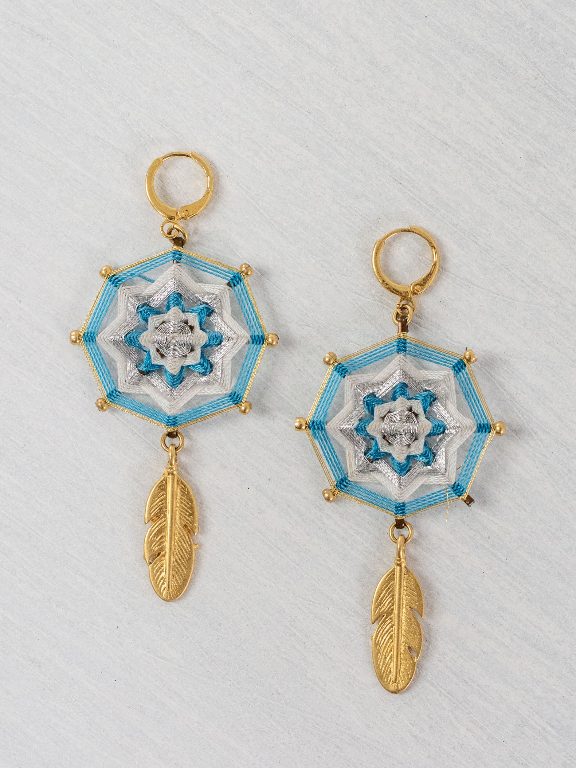 Small octagonal mandala earrings with feathers