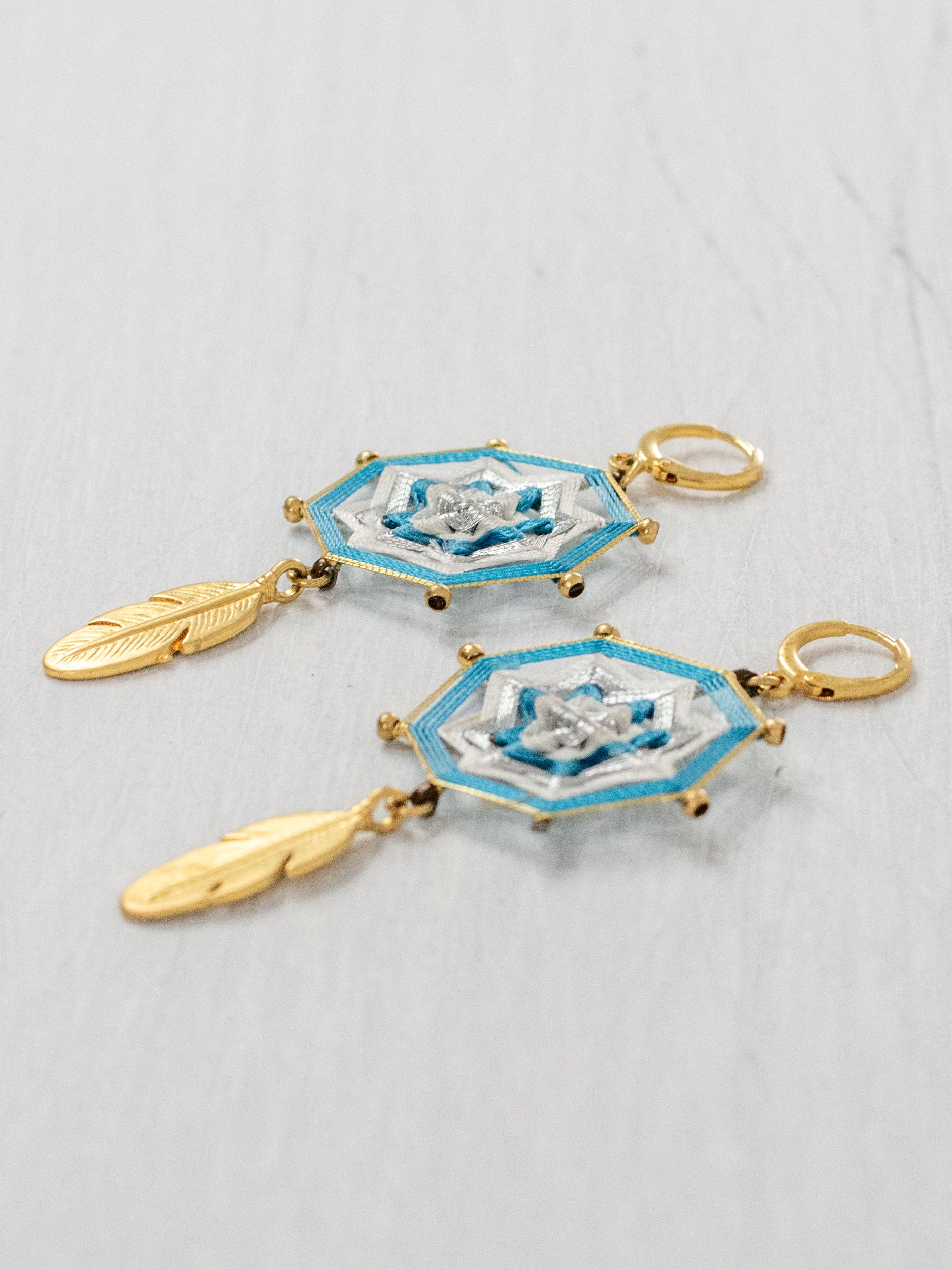 Small octagonal mandala earrings with feathers