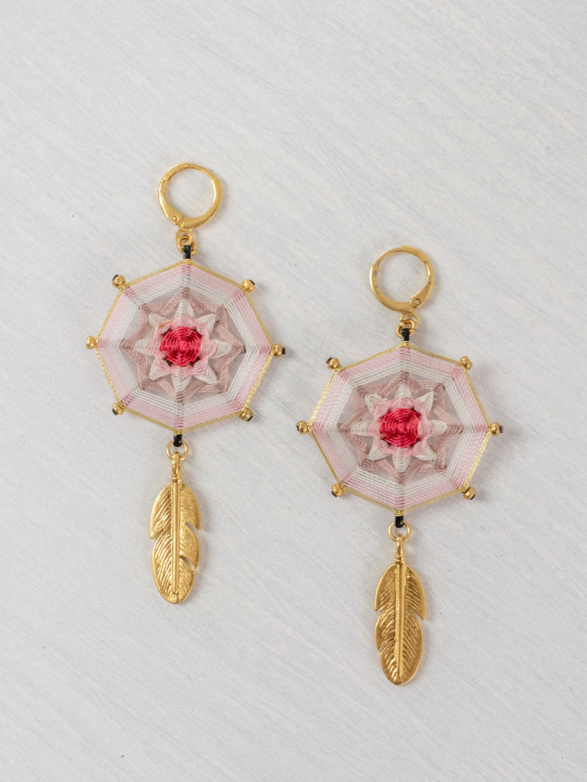 Small octagonal mandala earrings with feathers