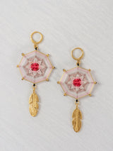 Small octagonal mandala earrings with feathers