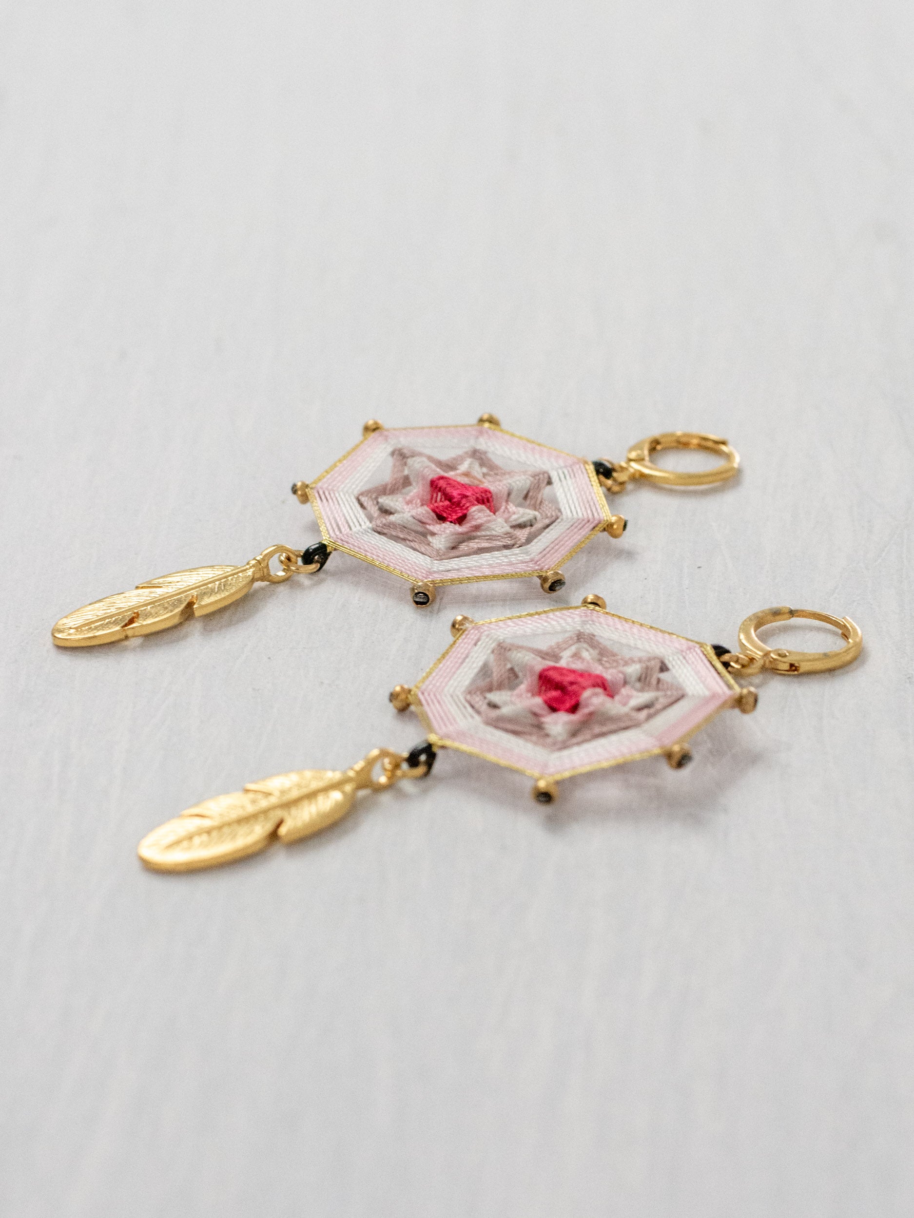 Small octagonal mandala earrings with feathers