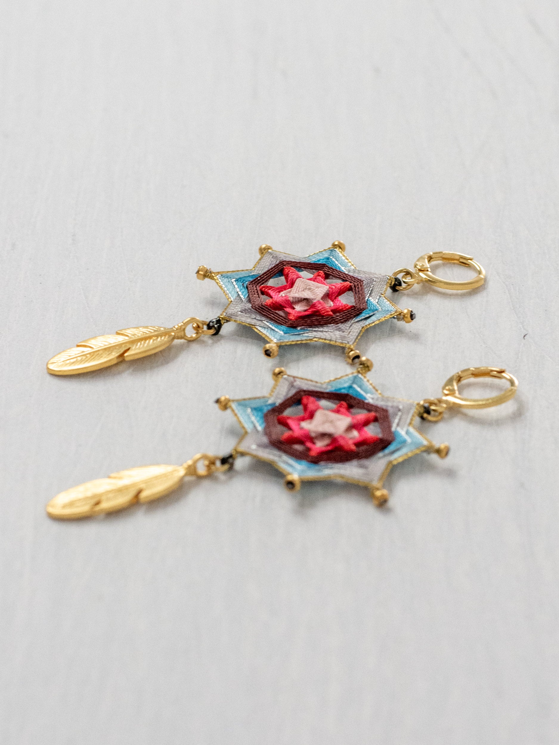 Small star mandala earrings with feathers