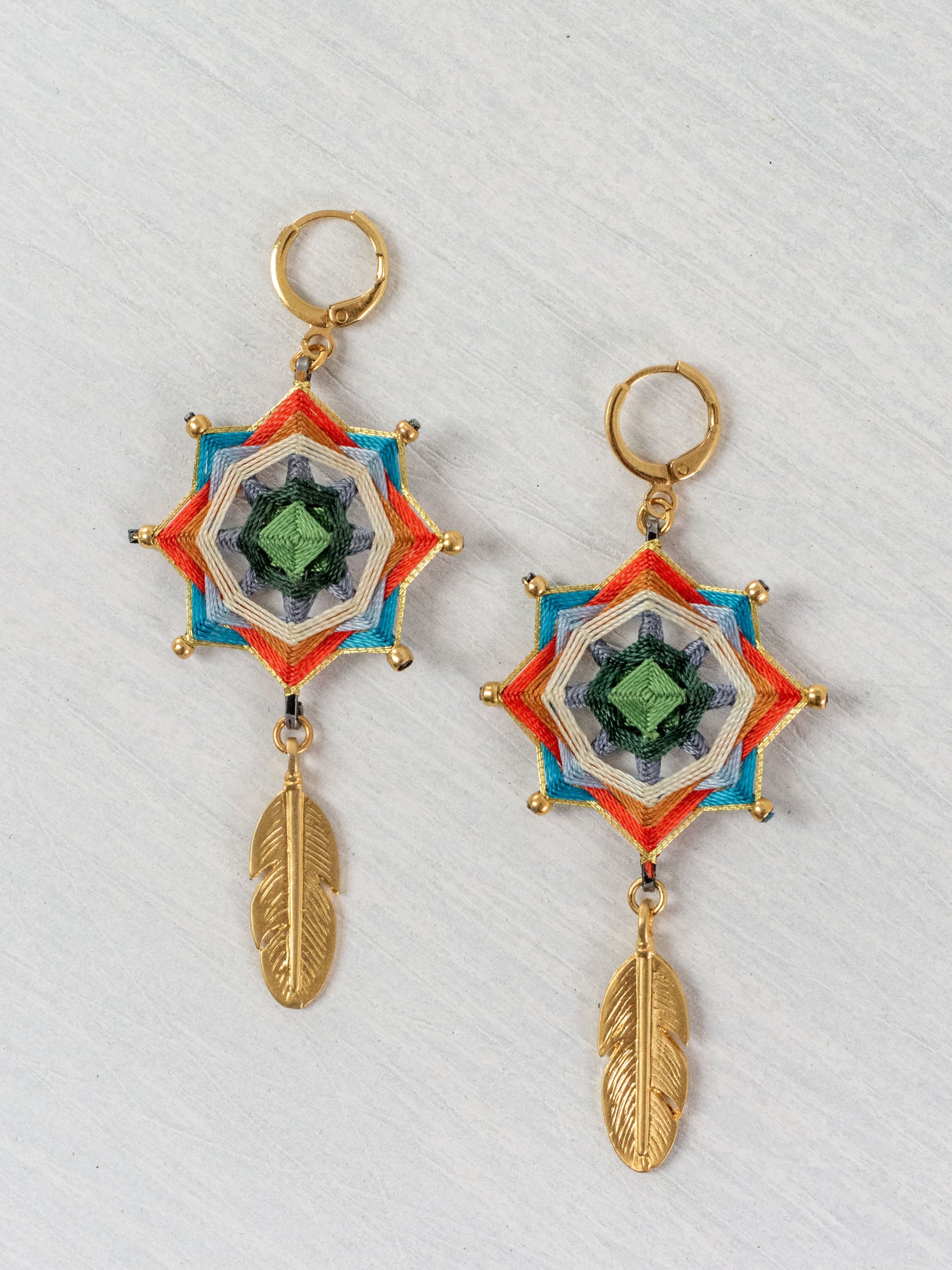 Small star mandala earrings with feathers
