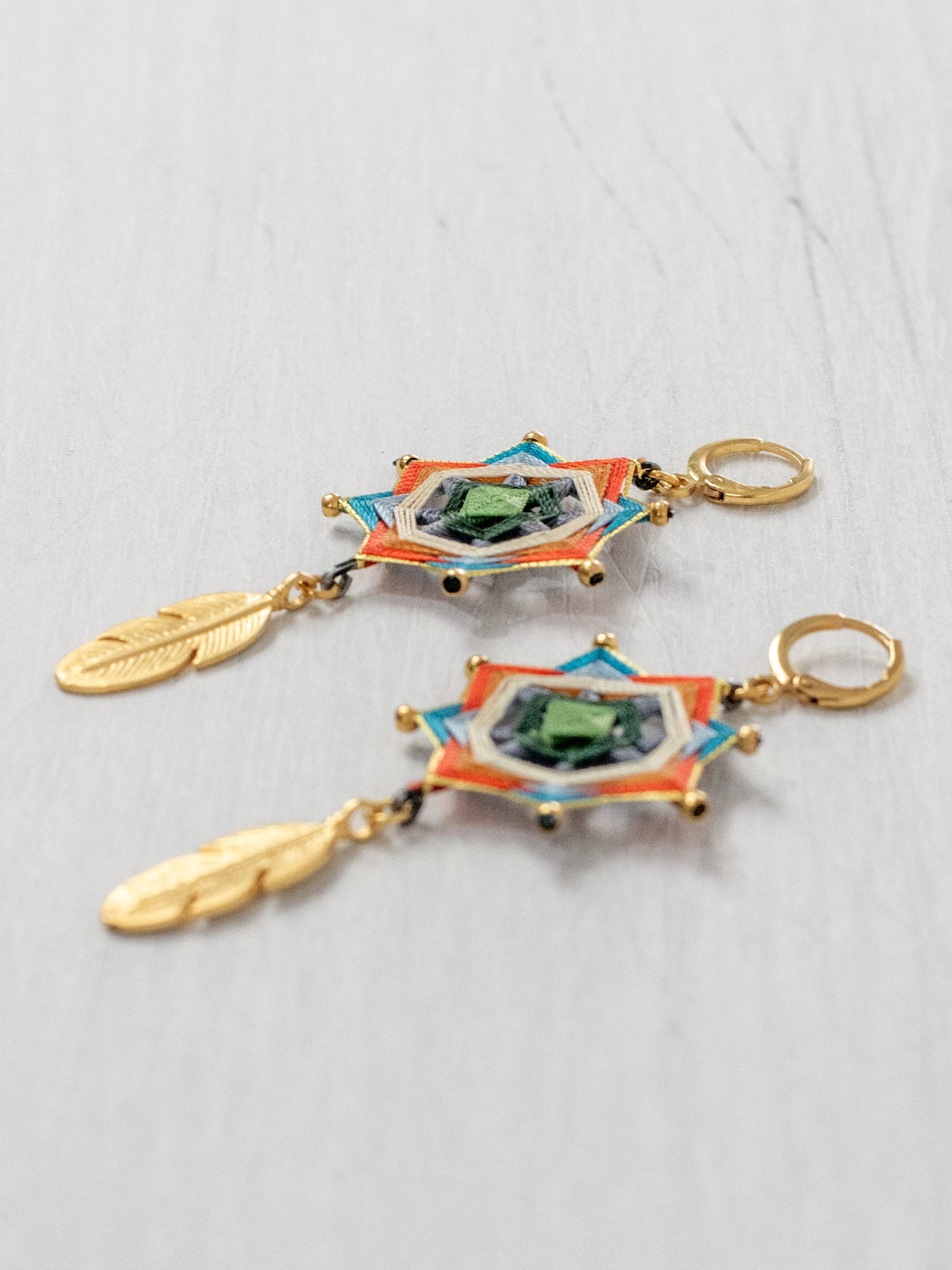 Small star mandala earrings with feathers