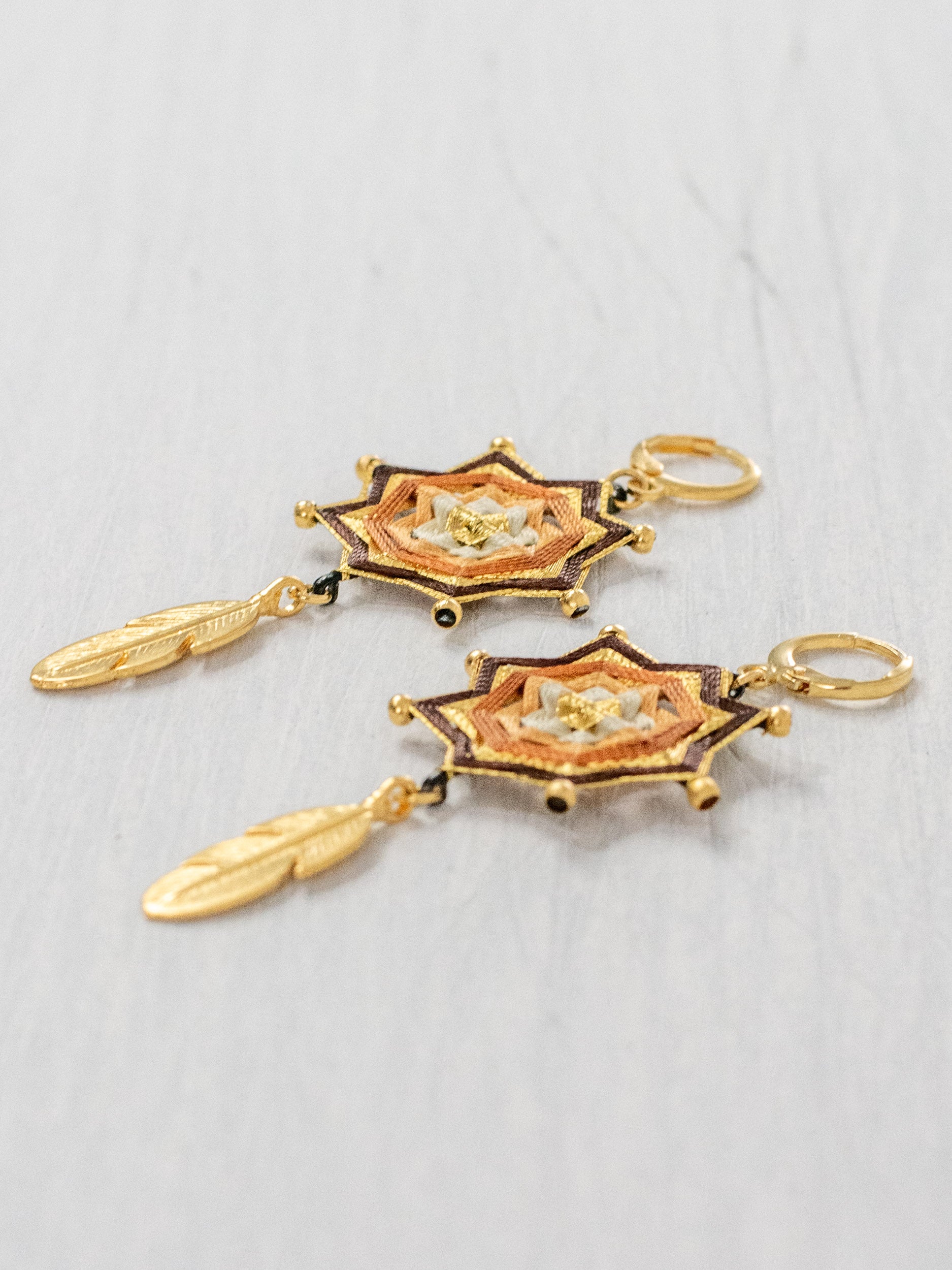 Small star mandala earrings with feathers