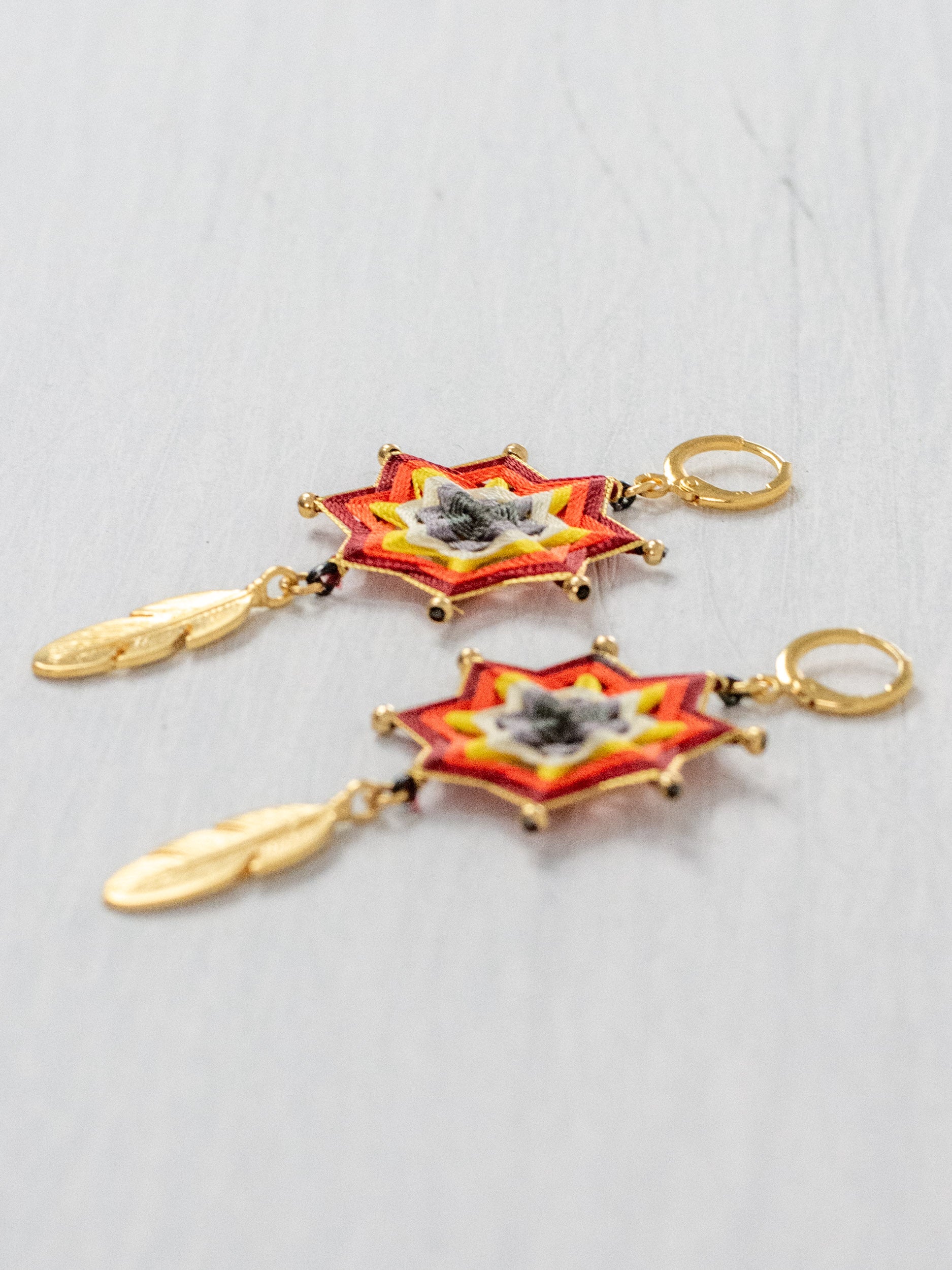 Small star mandala earrings with feathers