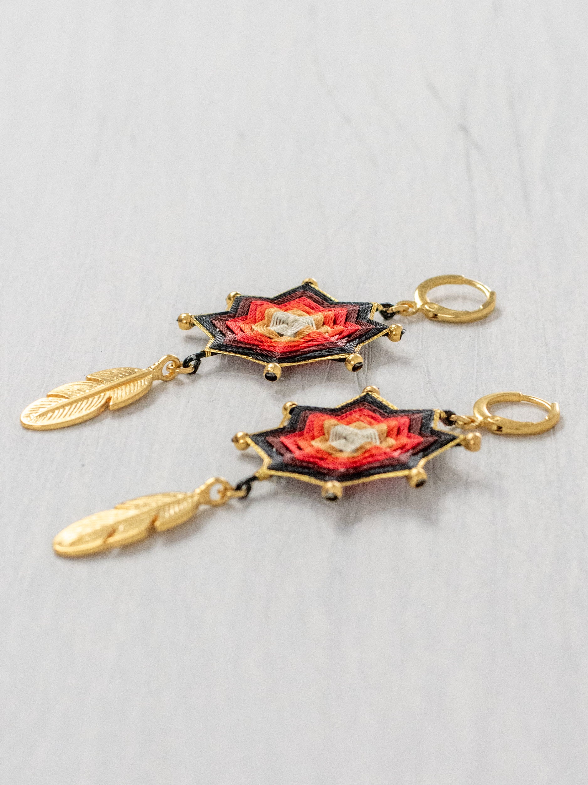 Small star mandala earrings with feathers