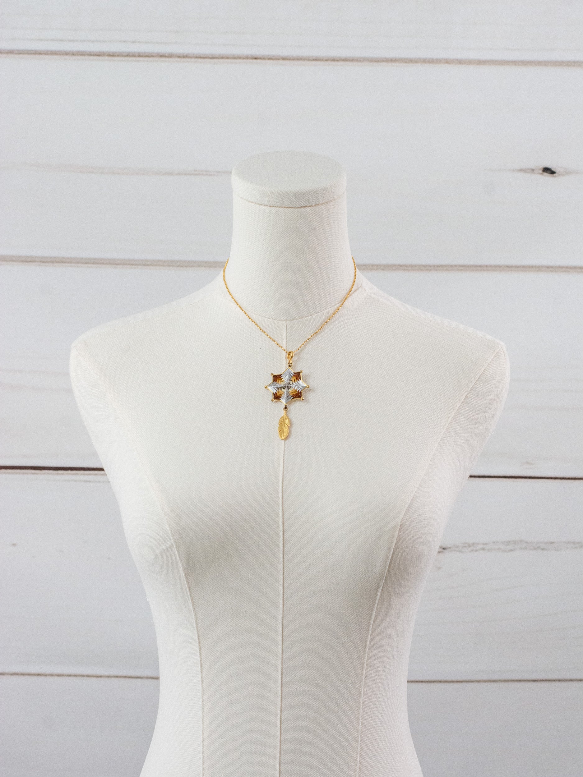 Small mandala star necklace with feather