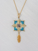 Mandala star necklace with large feather