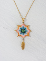 Mandala star necklace with large feather