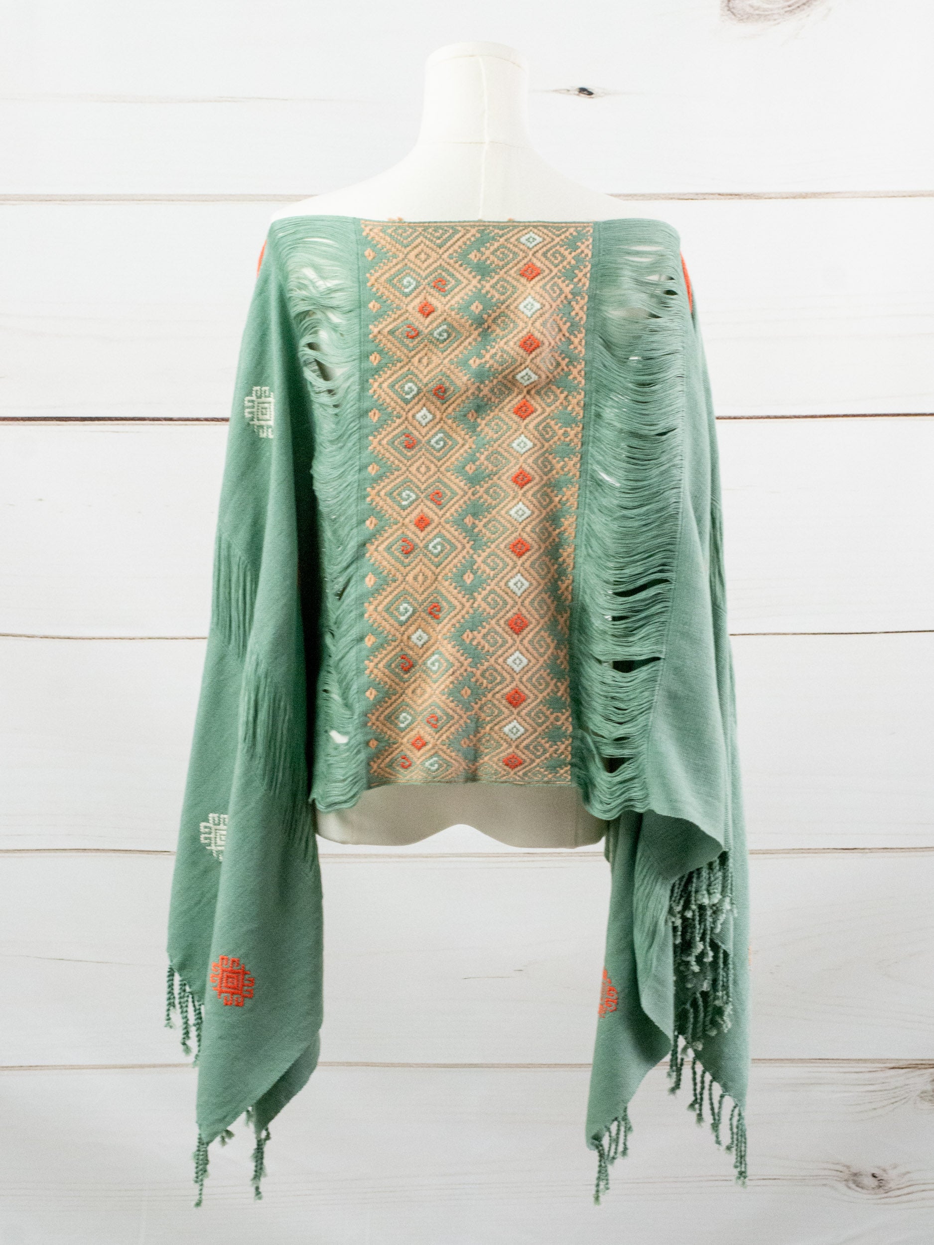 Long poncho two frayed lines Chiapas