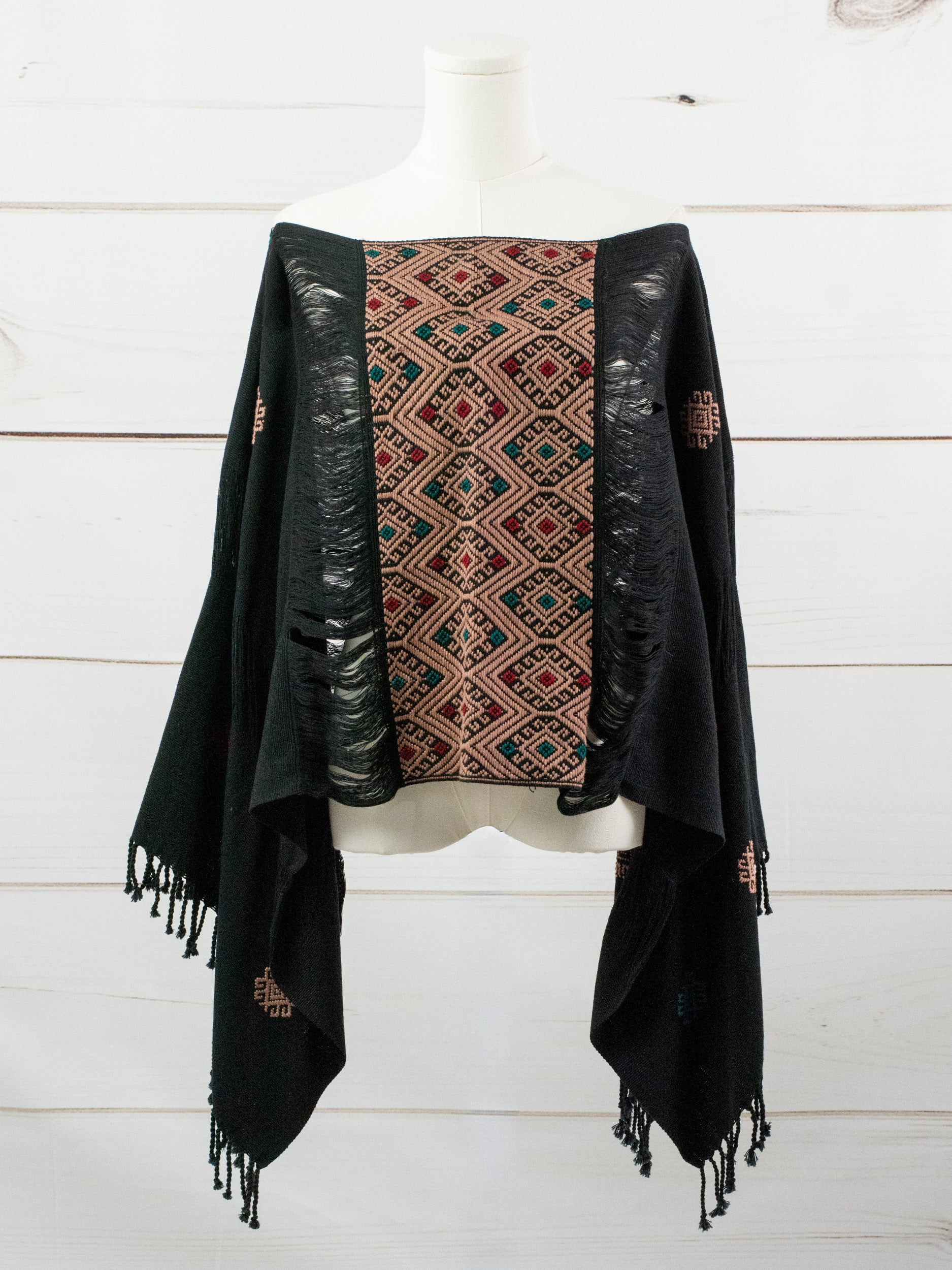 Long poncho two frayed lines Chiapas