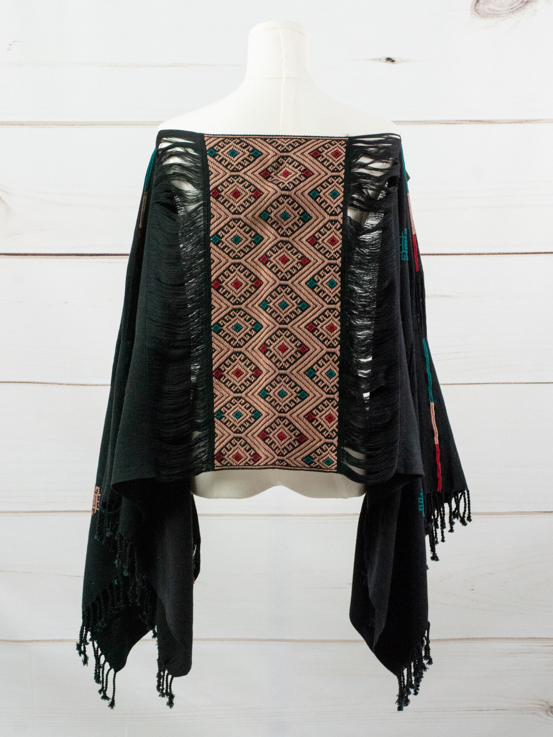 Long poncho two frayed lines Chiapas