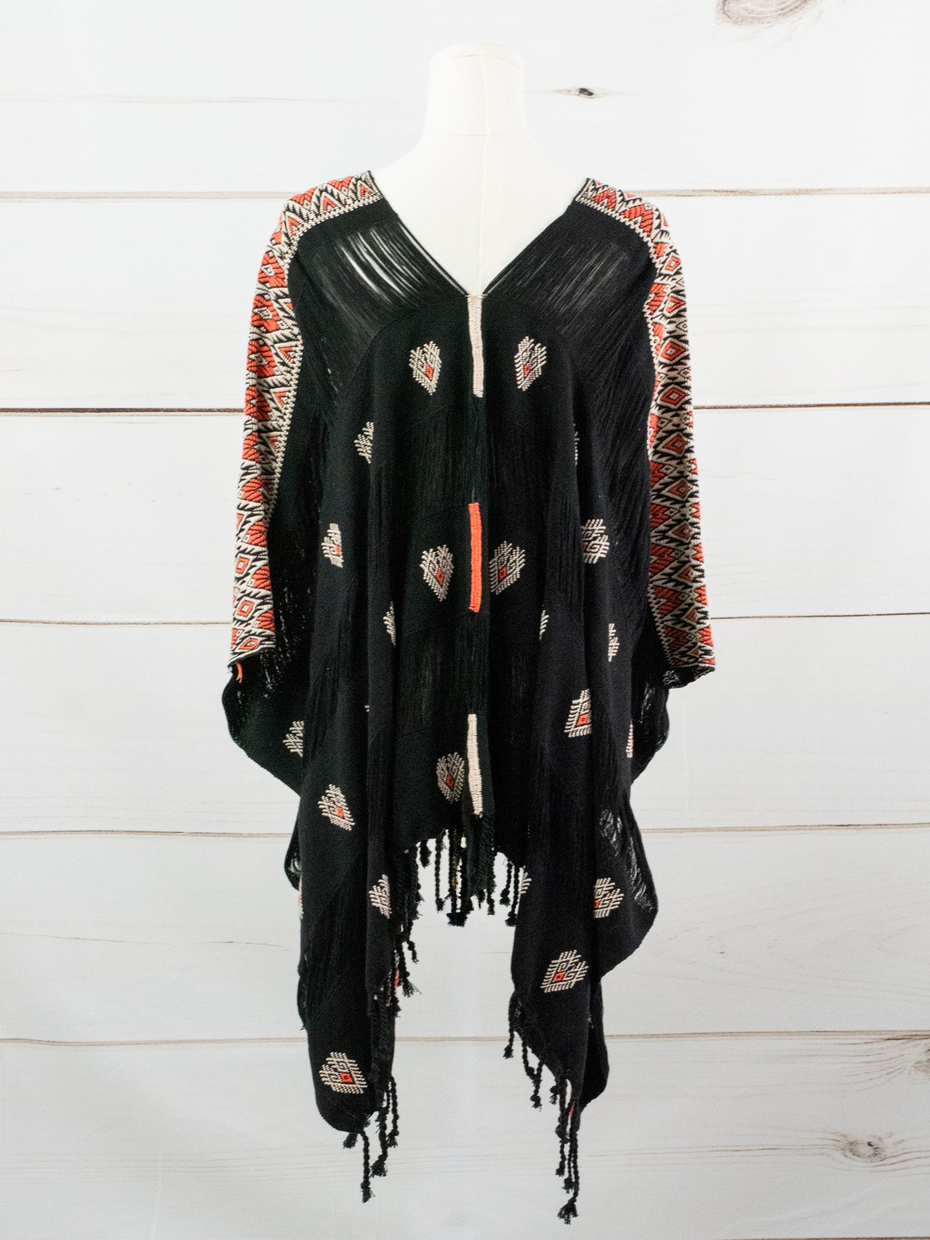 Poncho largo tres líneas deshiladas Chiapas