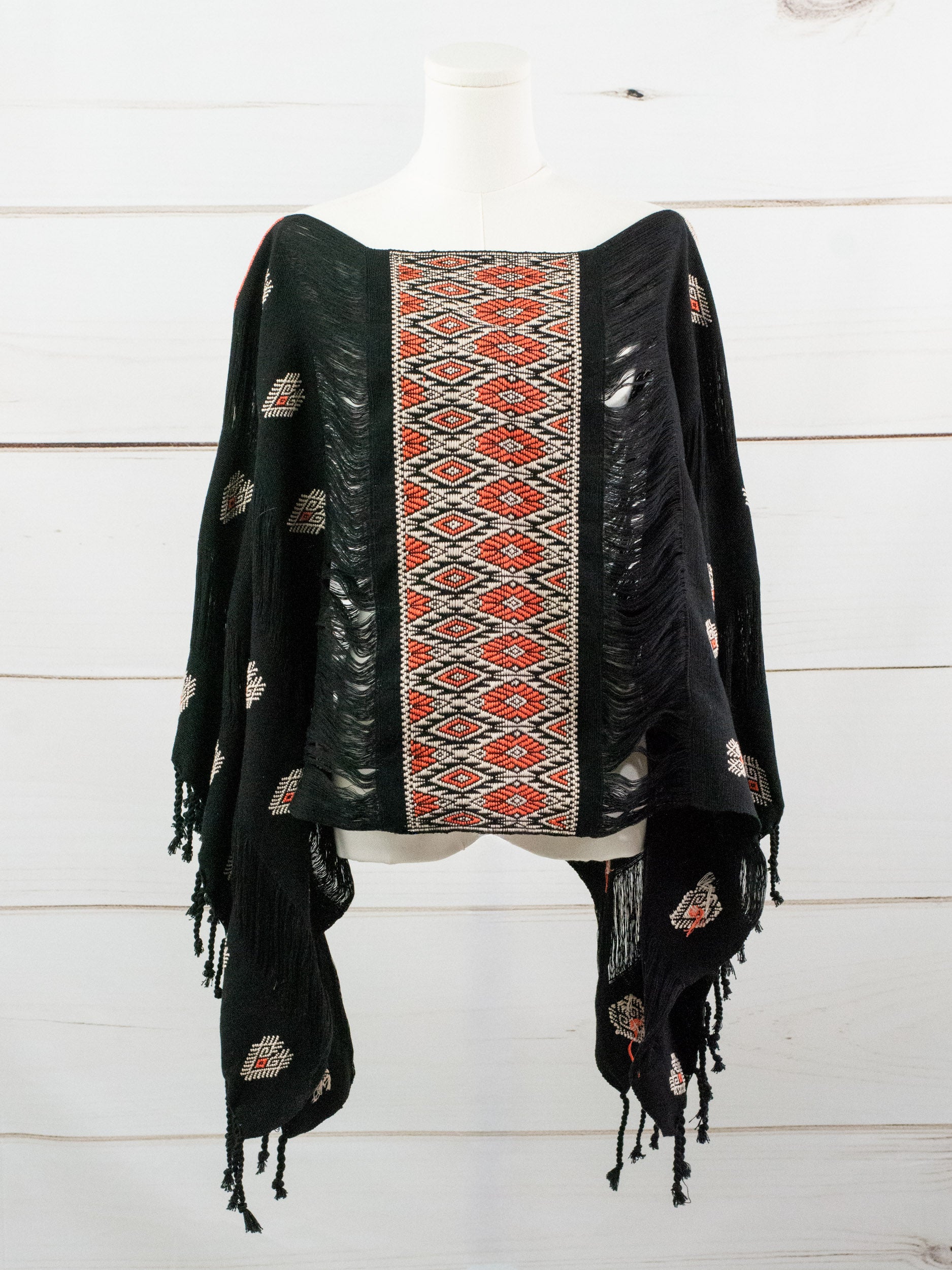 Poncho largo tres líneas deshiladas Chiapas