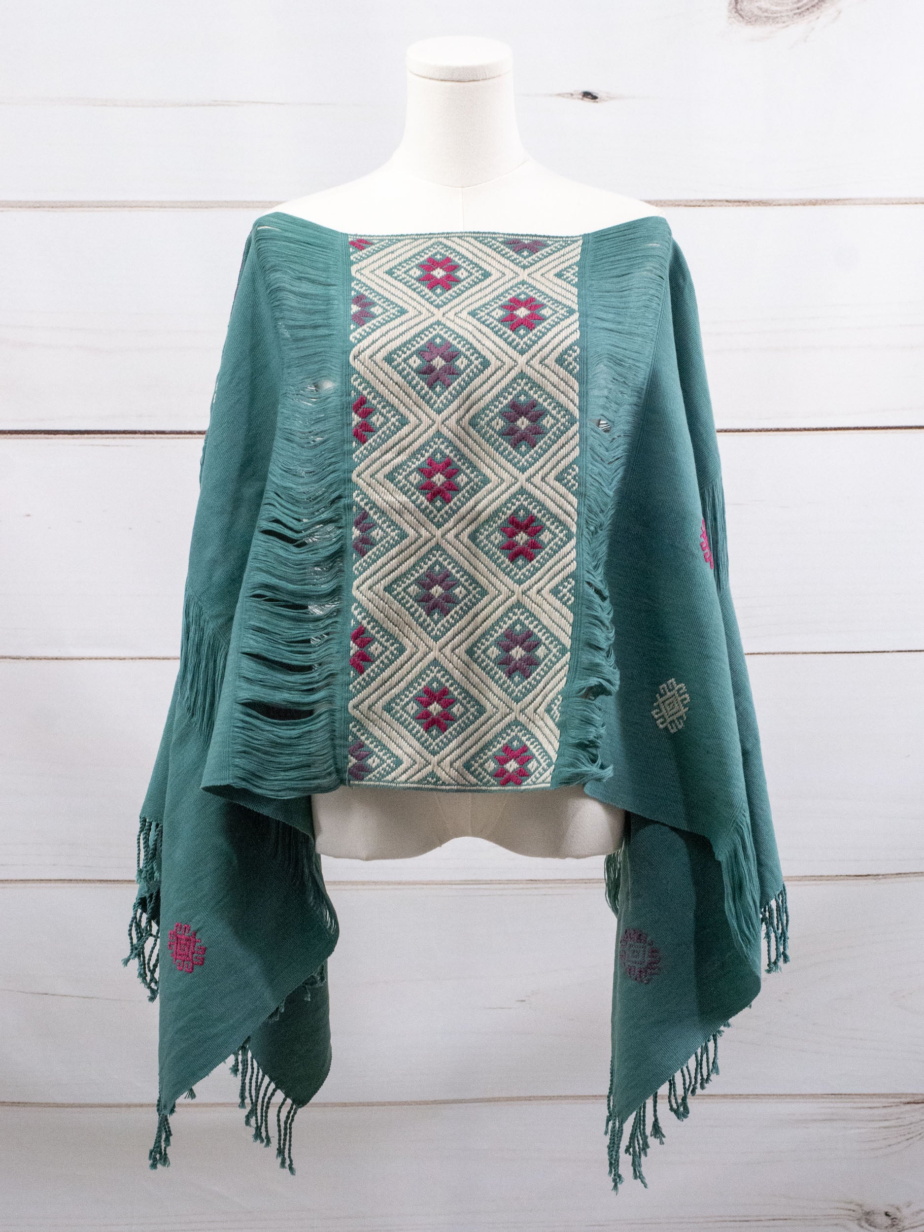 Long poncho two frayed lines Chiapas