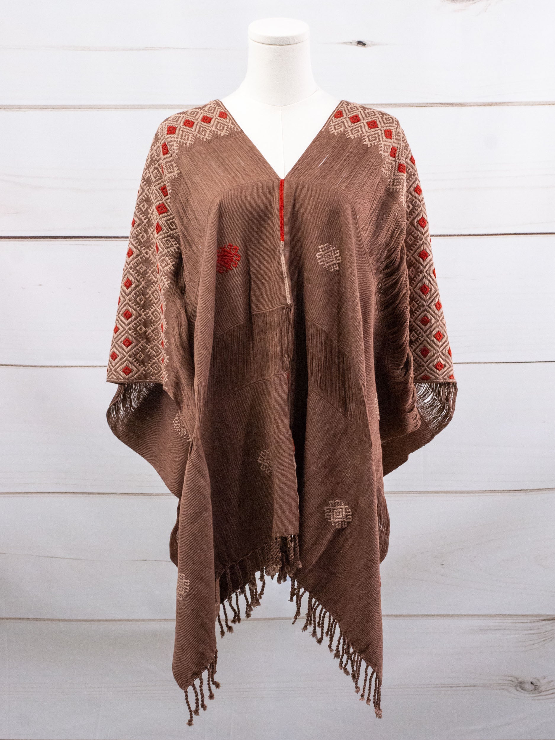 Long poncho two frayed lines Chiapas