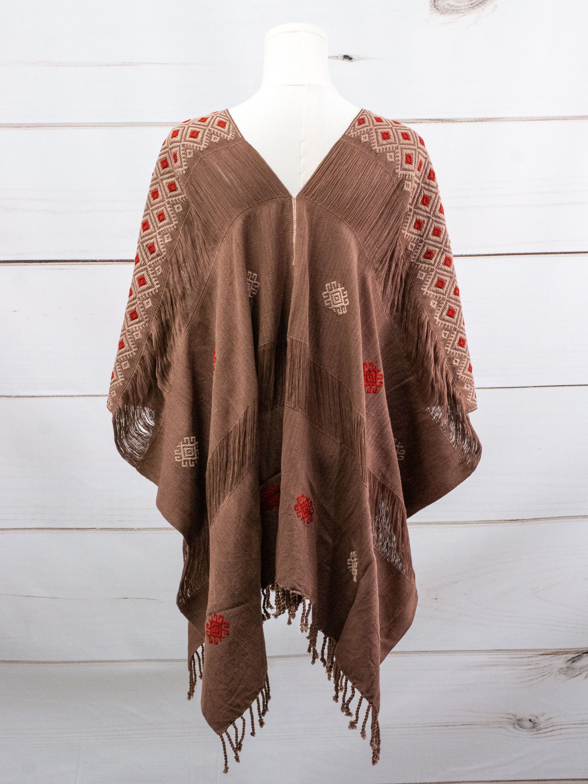 Long poncho two frayed lines Chiapas