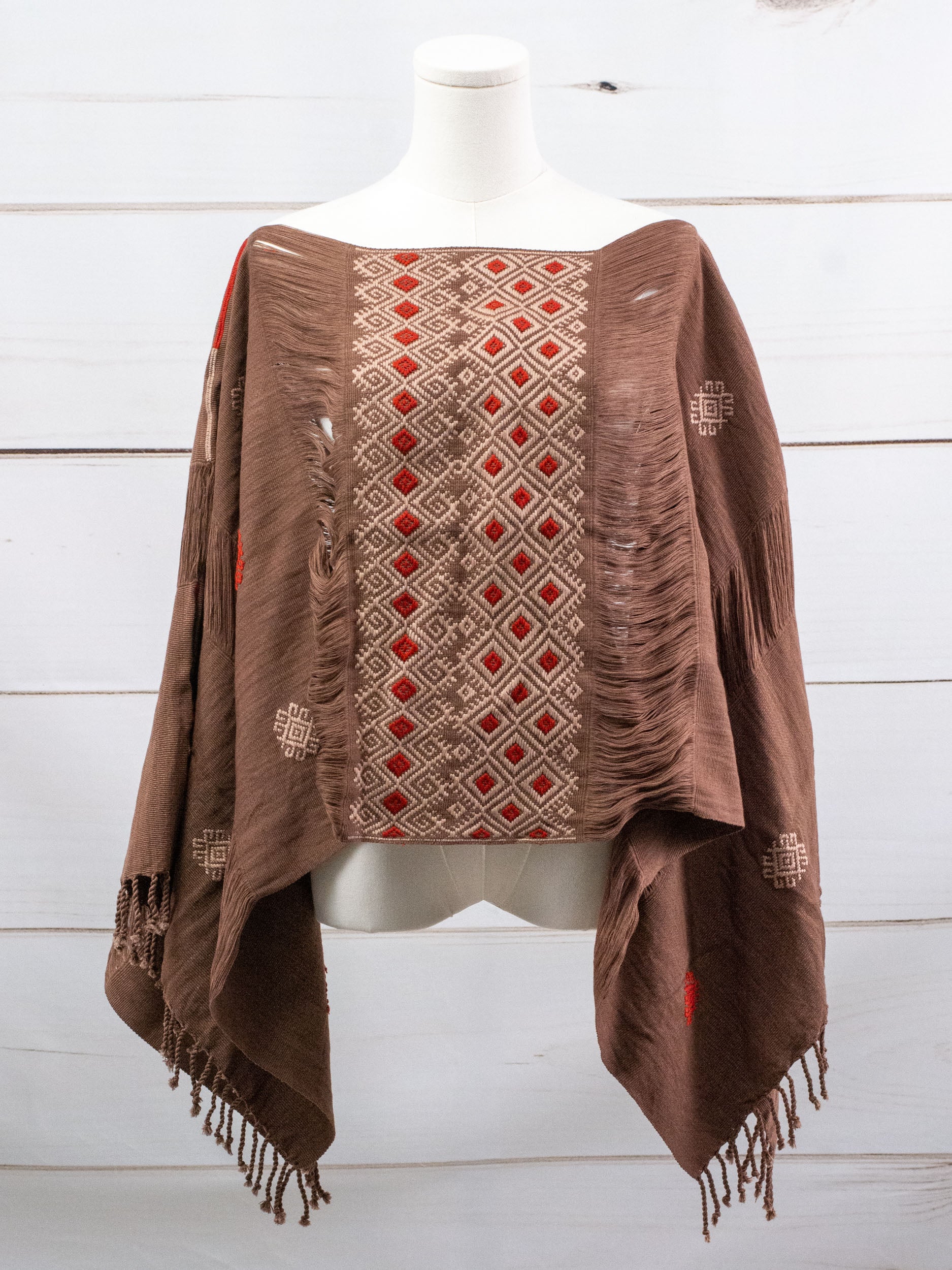 Long poncho two frayed lines Chiapas