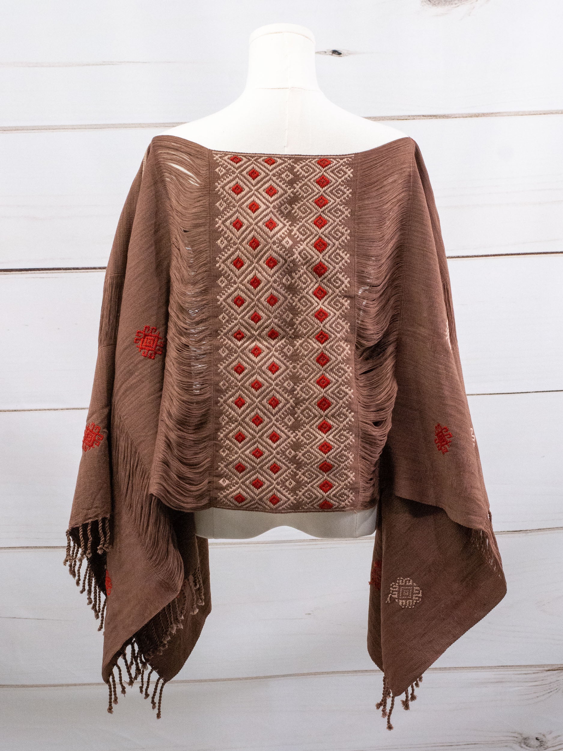 Long poncho two frayed lines Chiapas