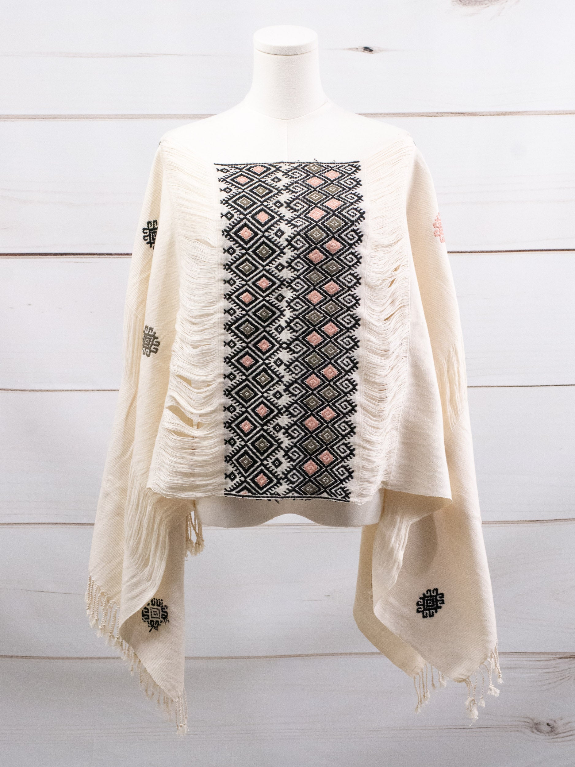 Long poncho two frayed lines Chiapas