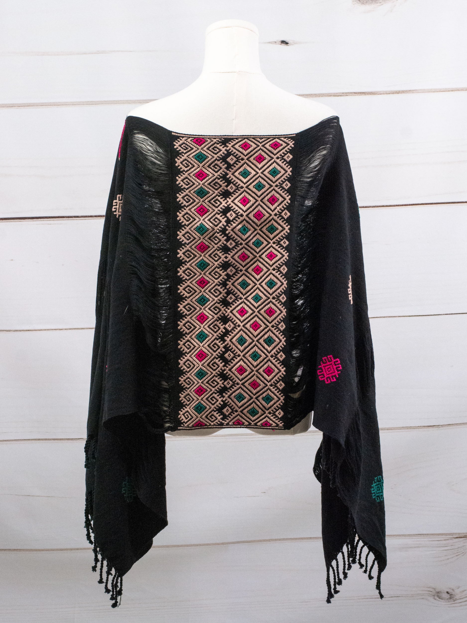 Poncho largo tres líneas deshiladas Chiapas