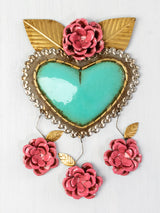 Heart with leaves and three hanging flowers