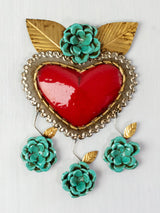Heart with leaves and three hanging flowers