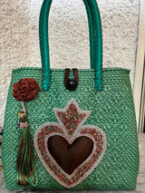 Medium heart milagro artisan bag with flower pompom