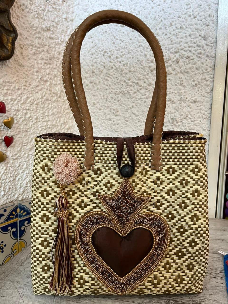Medium heart milagro artisan bag with flower pompom