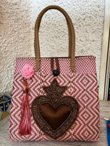Medium heart milagro artisan bag with flower pompom