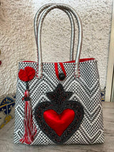 Medium heart milagro artisan bag with flower pompom