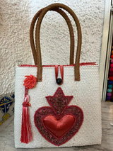 Medium heart milagro artisan bag with flower pompom